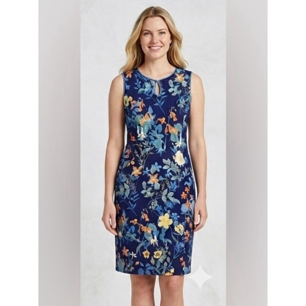 Lands End Floral Sheath Dress Womens Size 4P Navy Pockets Cotton Knit Stretch